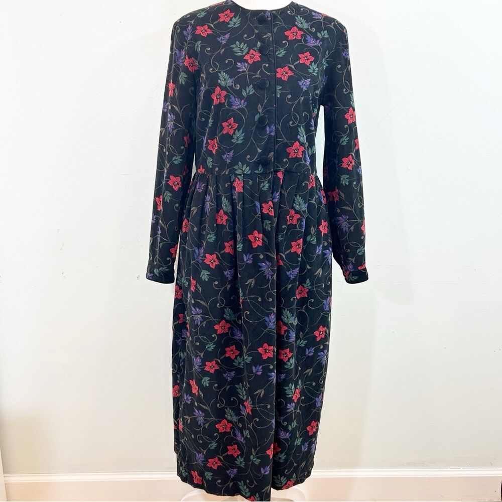 Talbots Black Red Green Floral Maxi/Midi Dress 100% Cotton Sz 6 Corduroy Velvet